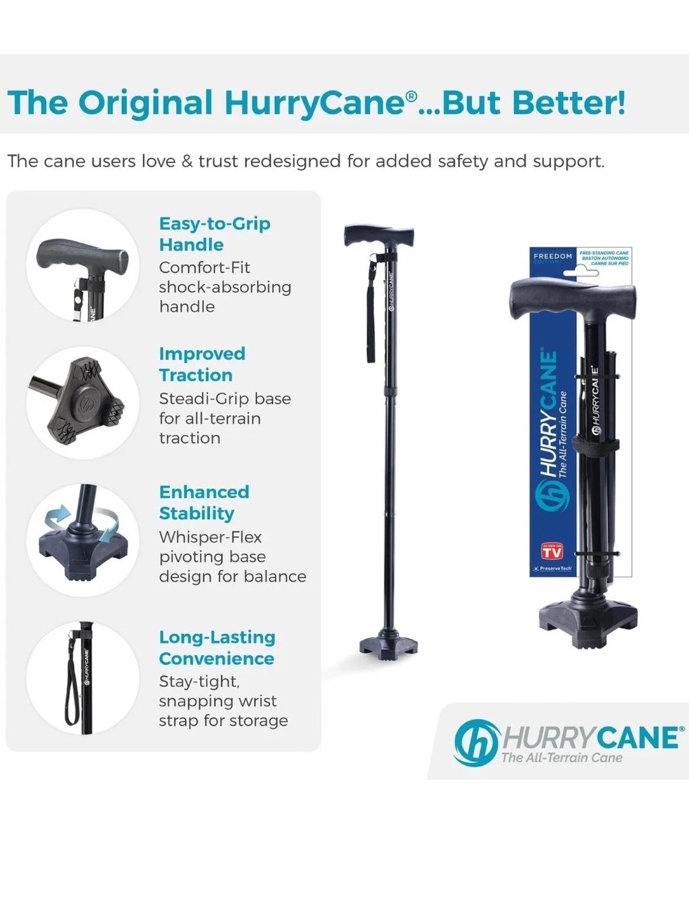 HurryCane All Terrain Foldable Stand Alone Walking Cane.  T Handle. NEW Black